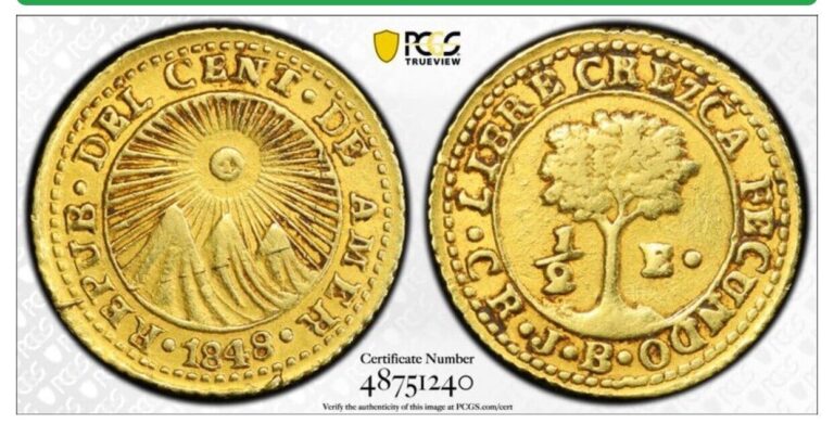 Read more about the article COSTA RICA. Central American Republic. 1/2 Escudo GOLD  1848-CR JB. PCGS AU