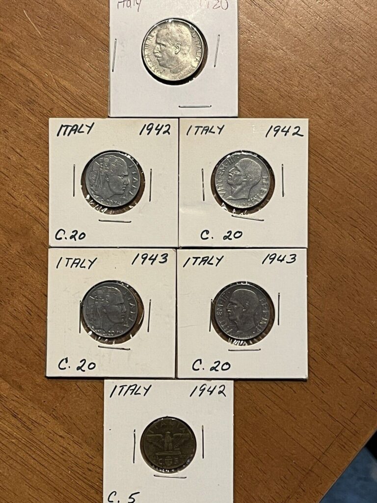 Read more about the article Italy Lot Of 6 Beautiful Coins  2 1942 C.20  2 1943 C.20  1920 C.50  1942 C.5