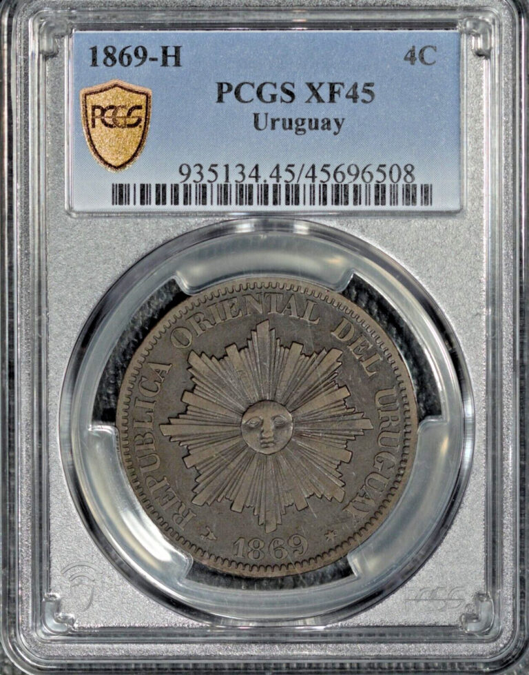 Read more about the article Uruguay 1869-H  4 Centesimi  PCGS XF45  Gold Shield