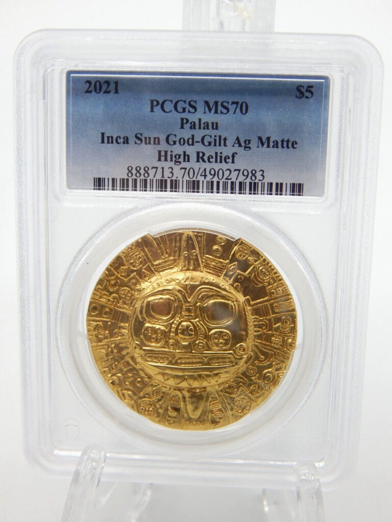 Read more about the article 2021 Palau $5 Inca Sun God-Gilt Matte Ag 1 oz. Silver Coin PCGS MS70 (BT6)