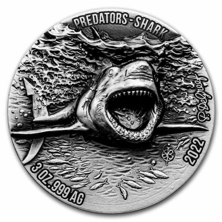 Read more about the article 2022 Ivory Coast Predators Great White Shark 3oz Silver Antique Finish Coin