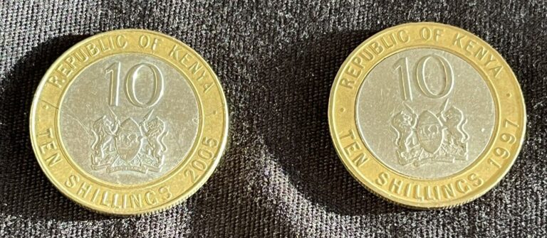 Read more about the article (2) Kenyan ’10 Shillings’ 2005 and 1997 Bi-Metallic WORLD Kenya Coins