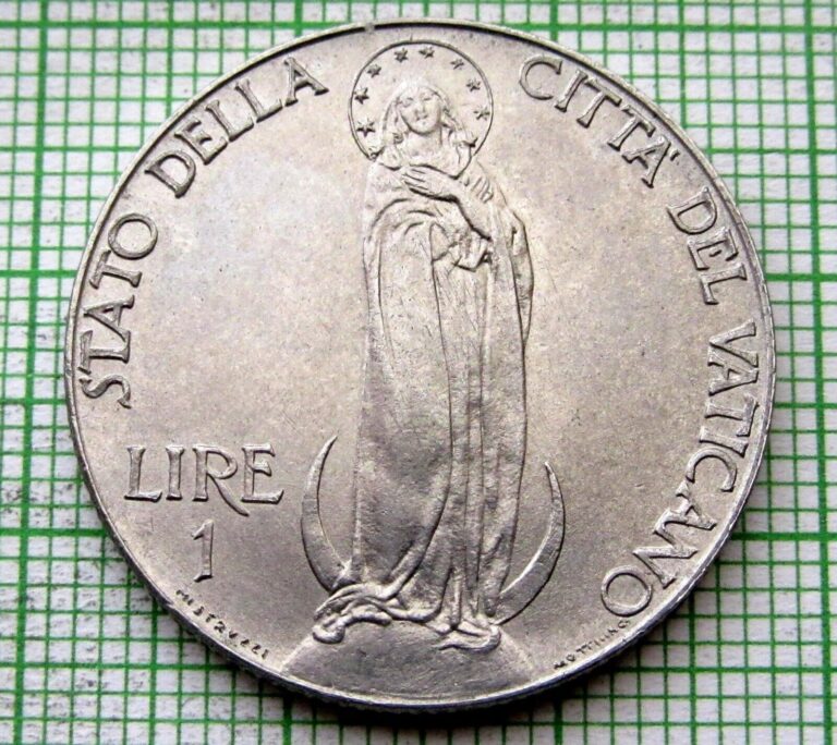 Read more about the article VATICAN PIVS XII 1941 1 LIRA VIRGIN MARY STAINLESS STEEL WWII COINAGE UNC
