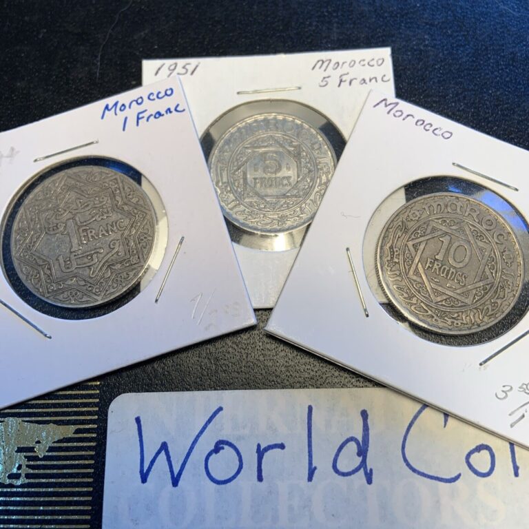 Read more about the article MOROCCO 1924 ONE 1 FRANC  1951 5 FRANCS and 1947 10 FRANCS COINS – NICE LOT – 3/17