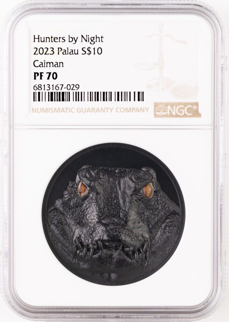 Read more about the article 2023 Palau $10 Hunters By Night Caiman Obsidian Black Silver NGC PF70