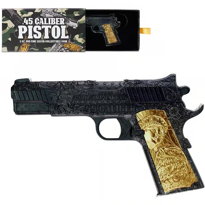 Read more about the article 2024 Chad .45 Caliber Pistol Gun Shaped Coin 2oz HR Silver BLACK w/Gold Gilding