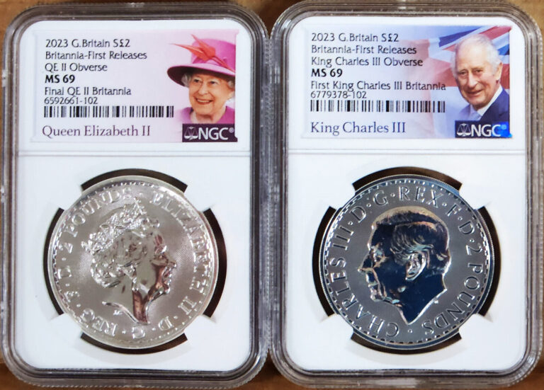 Read more about the article 2 coin set 2023 uk 2 pound silver britannia QE II and KC III effigy ngc ms69 fr