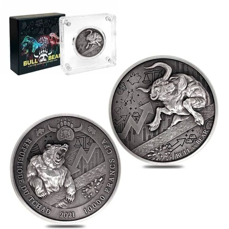 Read more about the article 2 Oz Silver Coin 2021 Chad 10000 Francs CFA Bull vs Bear Pandemic Antiqued Coin