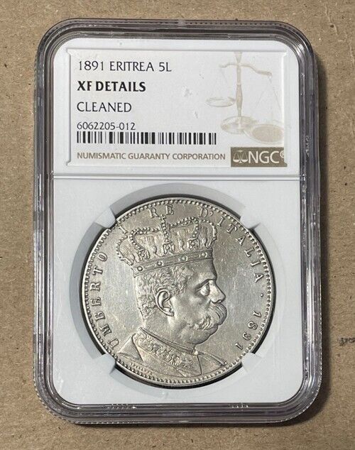 Read more about the article Eritrea – 1891 Large Silver 5 Lire (NGC XF Details Cleaned)