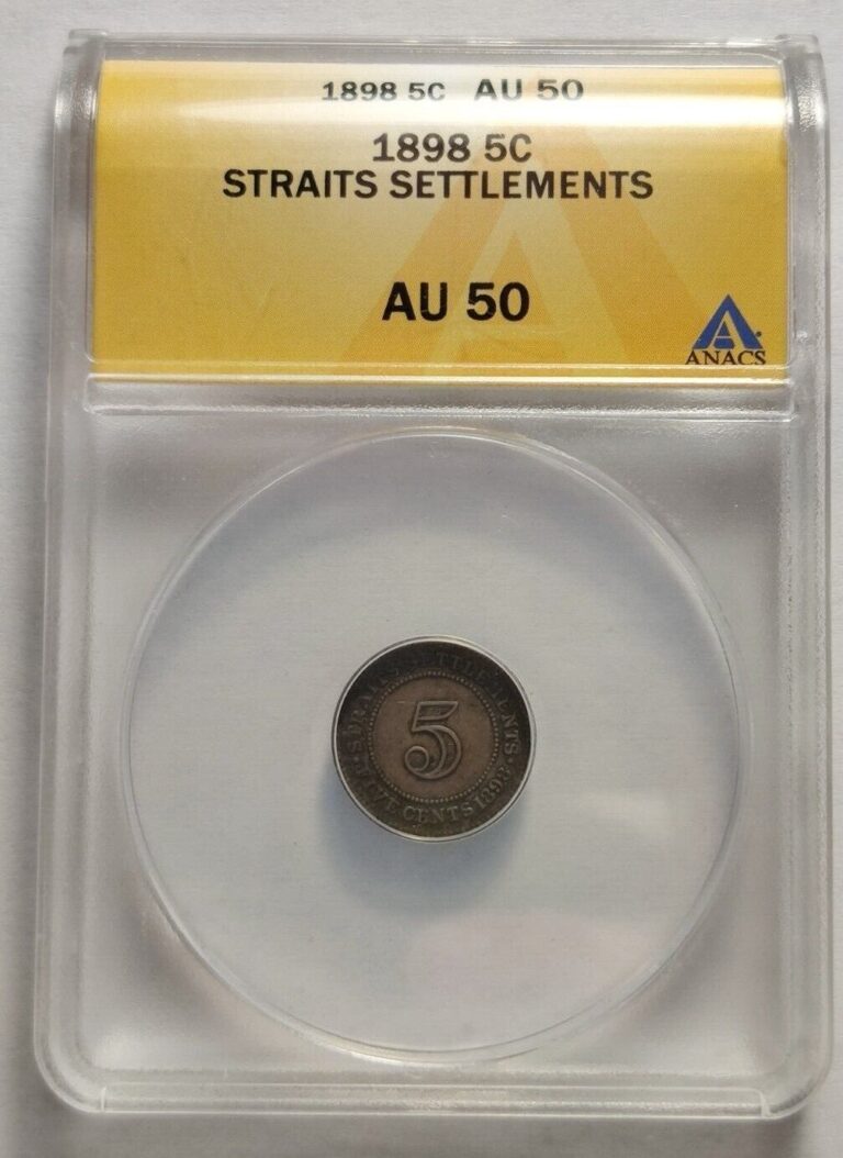 Read more about the article 1898 Straits Settlement Five Cents ANACS Graded AU50 5C Silver Coin 3B