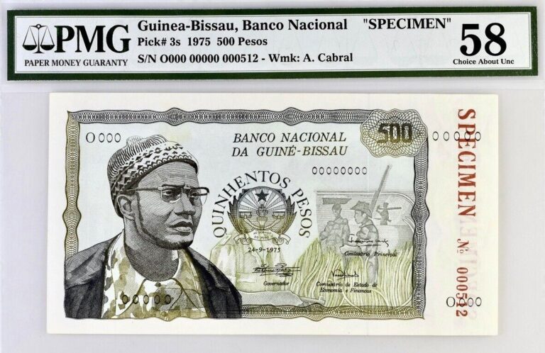 Read more about the article Guinea-Bissau 500 Pesos Pick# 3s 1975 Specimen PMG 58 AU Banknote