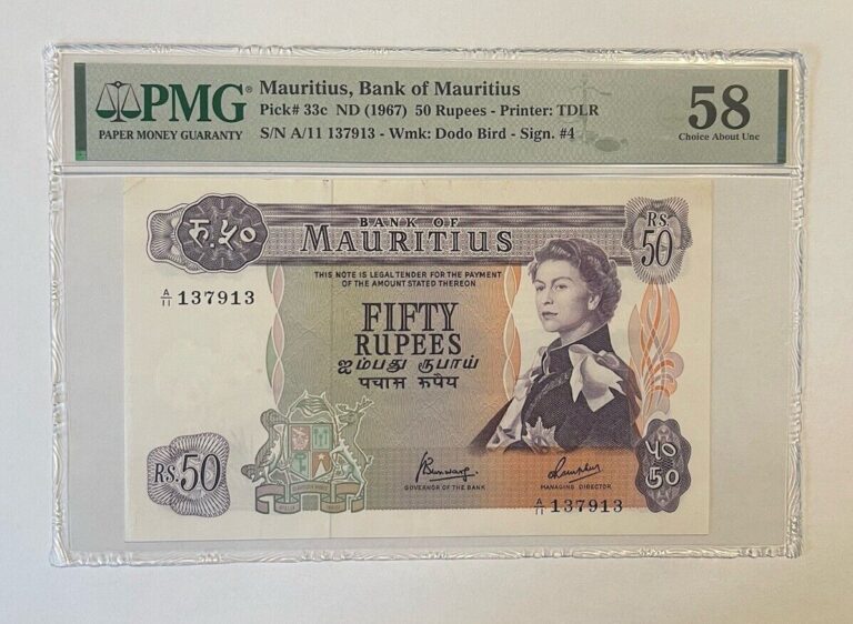 Read more about the article Mauritius 50 Rupees ND 1967 P-33c Graded PMG 58 AUNC Choice