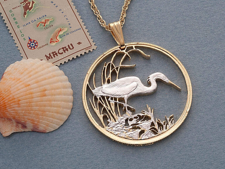 Read more about the article Egret  Pendant Hand and Necklace Hand Cut Egret Coin  1-3/8″ dia.  ( # 563 )