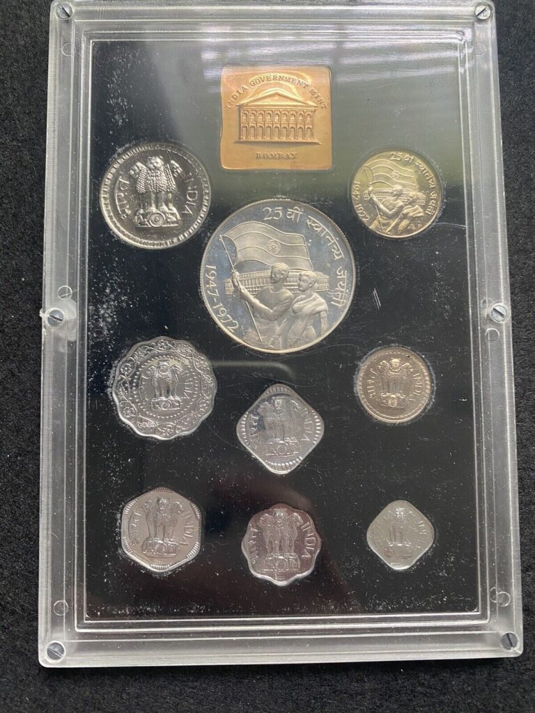 Read more about the article Republic of India. Proof Set – 9 Coins. 1972. 25th Ann Independence  Bombay Mint