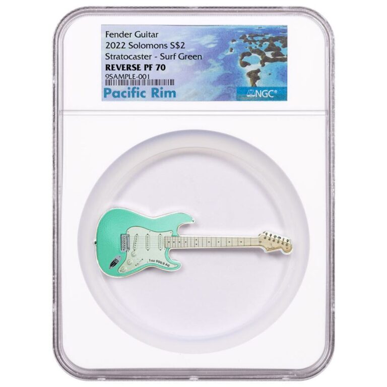 Read more about the article 2022 Solomon Islands $2 1-oz Silver Fender Stratocaster Guitar Shaped Surf Gr…