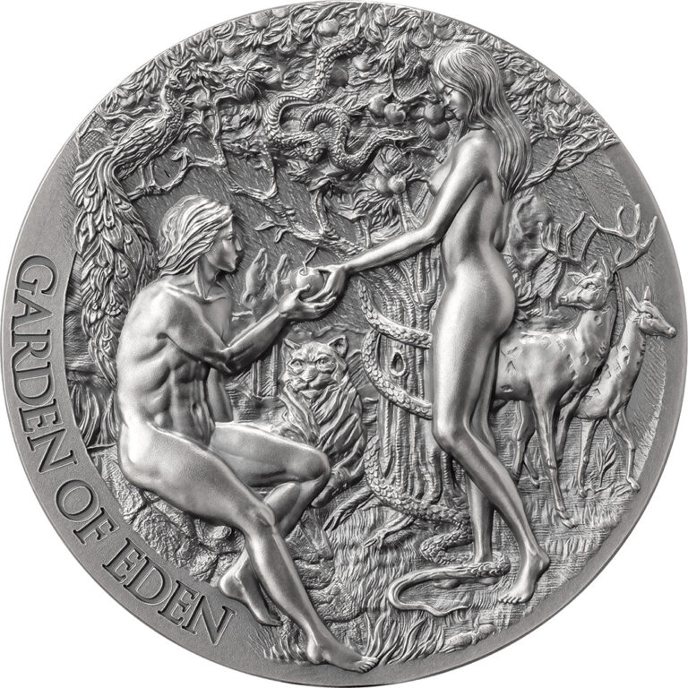 Read more about the article 2023 Cameroon Bible Stories The Garden of Eden 2oz Silver Antiqued Coin