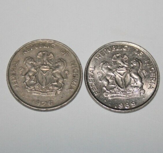 Read more about the article 1976 and 1989 Nigeria 5 Kobo coins  KM#’s 9.1 and 9.2  Copper Nickel