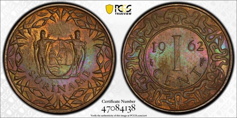 Read more about the article MS64BN 1962 Suriname Fish 1 Cent  PCGS Trueview- Pretty Rainbow Toned