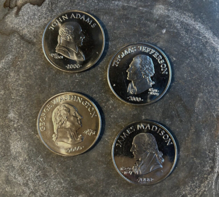 Read more about the article Lot of 4 – 2000 Liberia Five Dollar Coins – Washington Madison Adams Jefferson