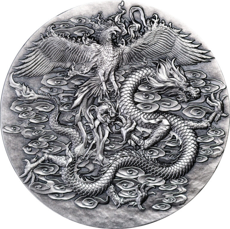 Read more about the article 2023 Gabon Double Dragon and Phoenix 1.8oz 999 Silver Antique Coin Mintage 1118