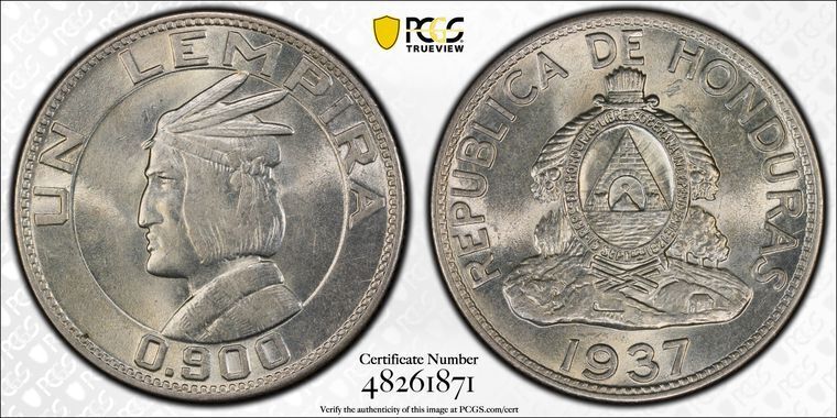 Read more about the article 1937 PCGS MS62 – HONDURAS – Silver Lempira Coin #47278A