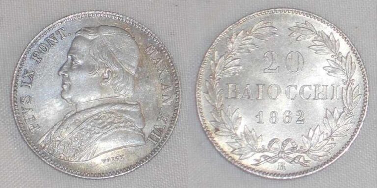 Read more about the article Beautiful 1862 Silver Coin Italian Papal State 20 Baiocchi Pope Pius IX.AN.XVII