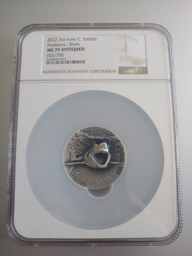 Read more about the article Great White Shark Predators 3 oz Antique finish Silver Coin CFA Ivory Coast 2022