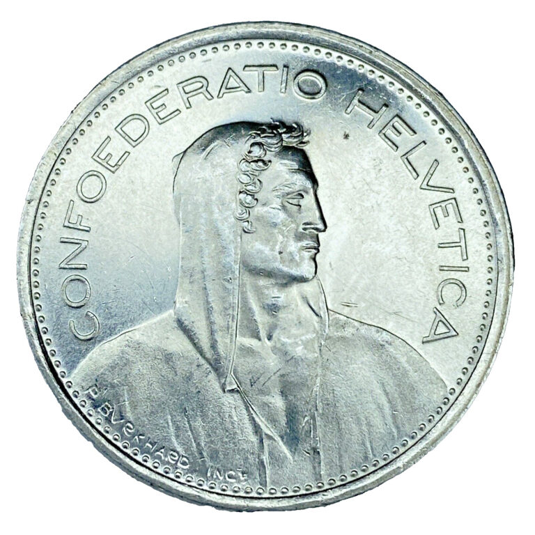 Read more about the article 1969 Switzerland Herdsman Silver coin Small Type 5 Francs 31mm edge Variety-1 AU