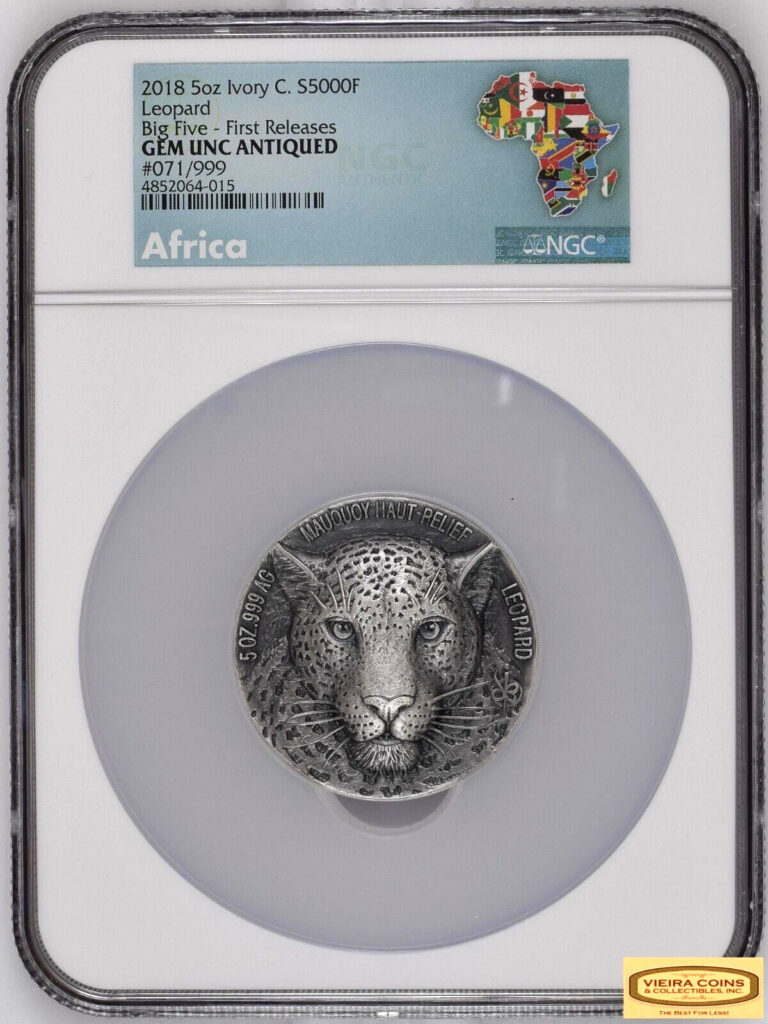 Read more about the article 2018 Ivory Coast 5000 F  Big Five Leopard NGC GEM UNC Antiqued FR  5oz Silver