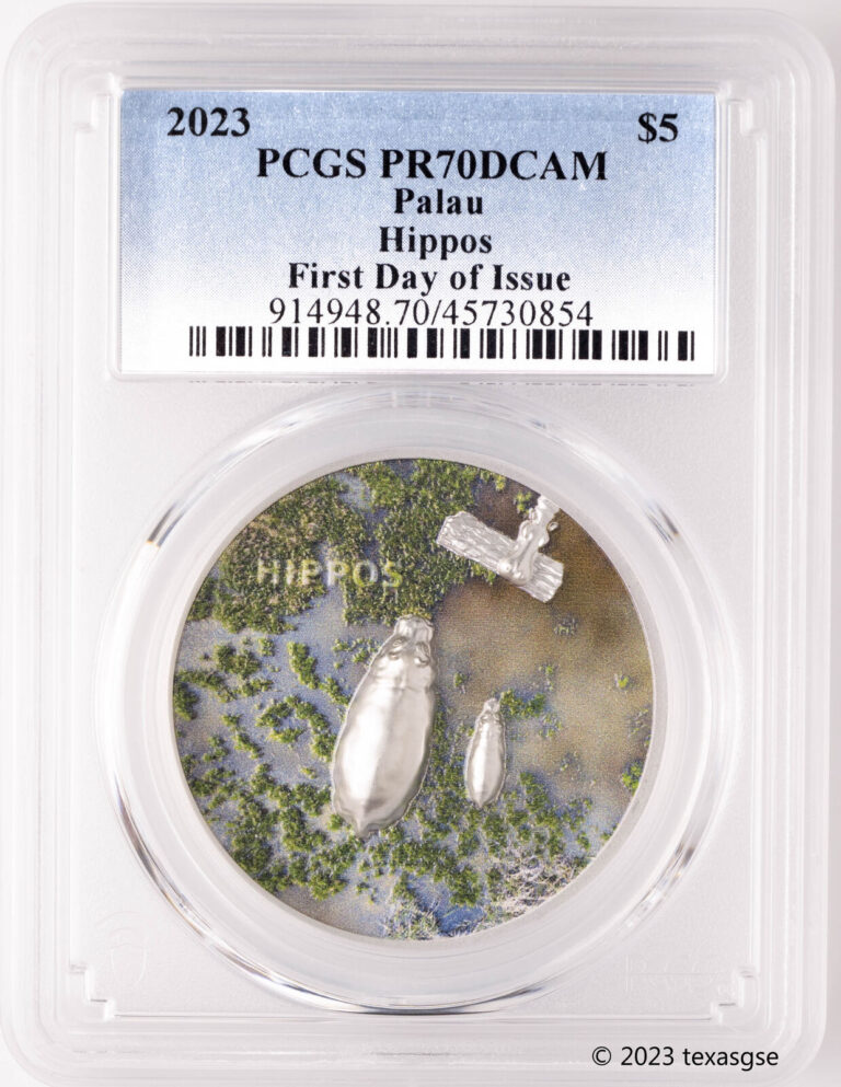 Read more about the article 2023 Palau 1 oz Silver $5 Split Views – Hippos First Day Issue – PCGS PR70DCAM