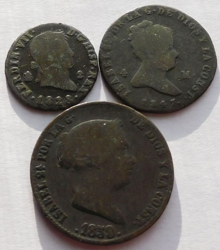 Read more about the article 3 Spain coins  1828 2 Maravedis  1847 4 Maravedis  1859 25 Real cents  Espana