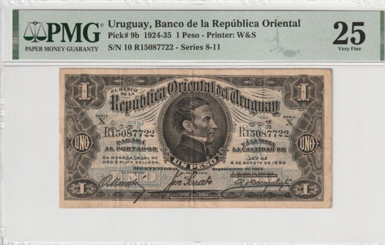 Read more about the article Uruguay 1934 1 Peso PMG Certified Banknote VF 25 Pick 9b