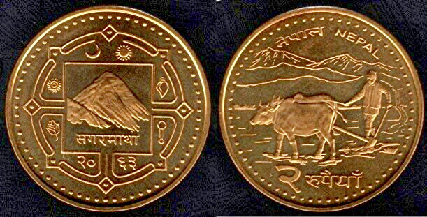 Read more about the article “NEW” 2 Rupee NEPAL COIN Brass plated Farmer planting Buffalo/ Everest reverse