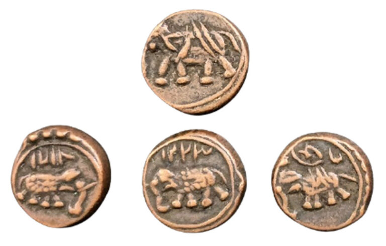 Read more about the article INDIA ANCIENT MYSORE PRINCELY STATE ELEPHANT COPPER RARE CASH COIN LOT OF 4 Pcs.
