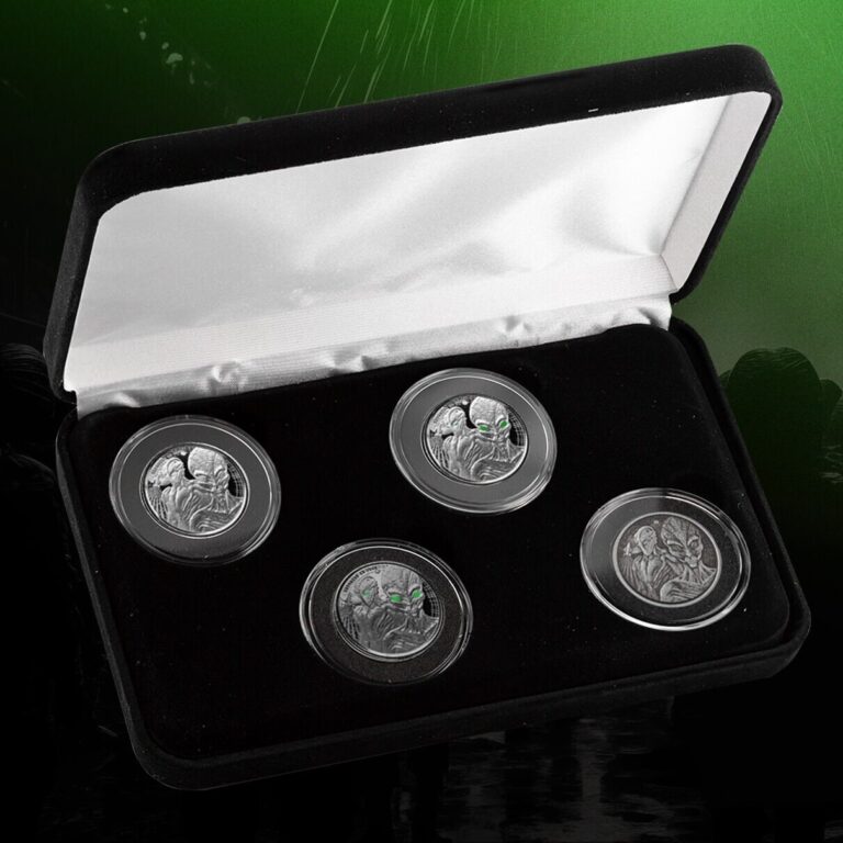 Read more about the article 2023 Ghana Alien 4 Coin Set 4 – 1/2 oz Silver Coins .999 Silver Box Set COA