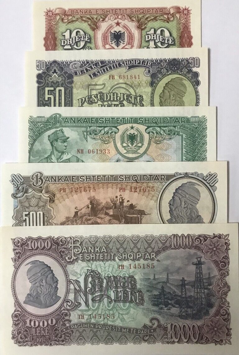 Read more about the article Albania Set 5 Pcs 10 50 100 500 1000 Leke 1957 P 28 29 30 31 32 UNC