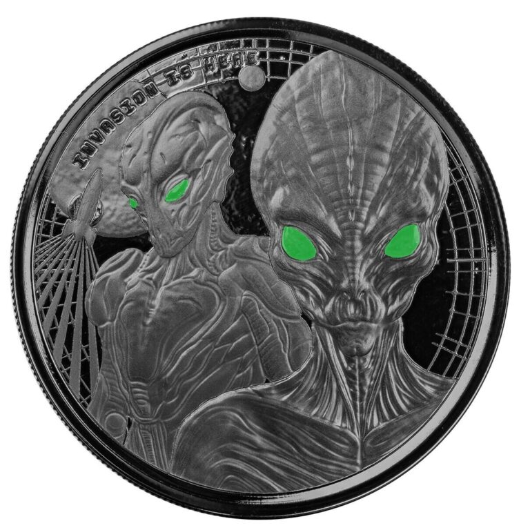 Read more about the article 2023 Ghana Alien Invasion 1 oz Silver Black Rhodium Color Eyes Coin COA and Box