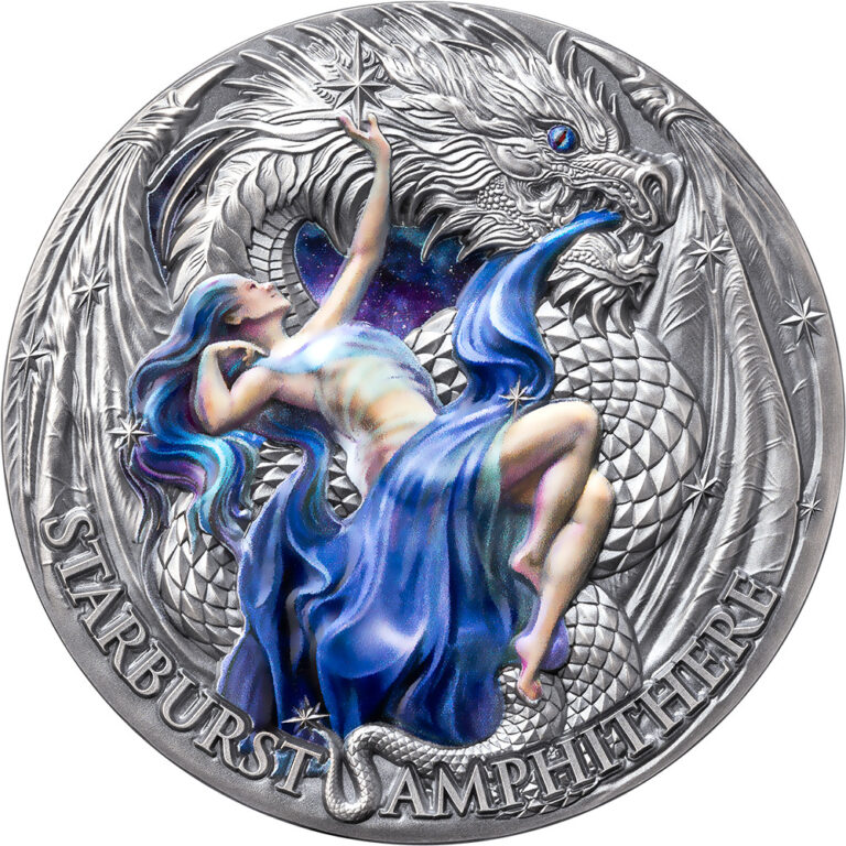 Read more about the article 2023 Cameroon Starburst Amphitheater Woman and Dragon 2 oz Silver Coin