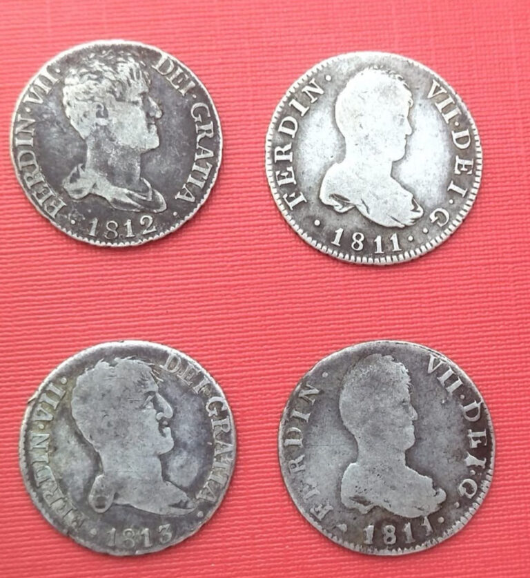 Read more about the article LOT SPAIN SILVER 2 REALES 4 COINS KING FERDIN VII FIRST PORTRAIT  GOOD CONDITION