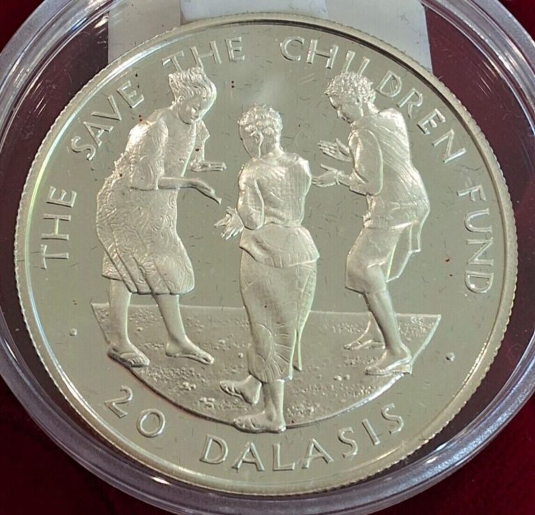 Read more about the article Gambia 1989 Save The Children 20 Dalasi Silver Coin Kairaba Jawara Woman Dancing