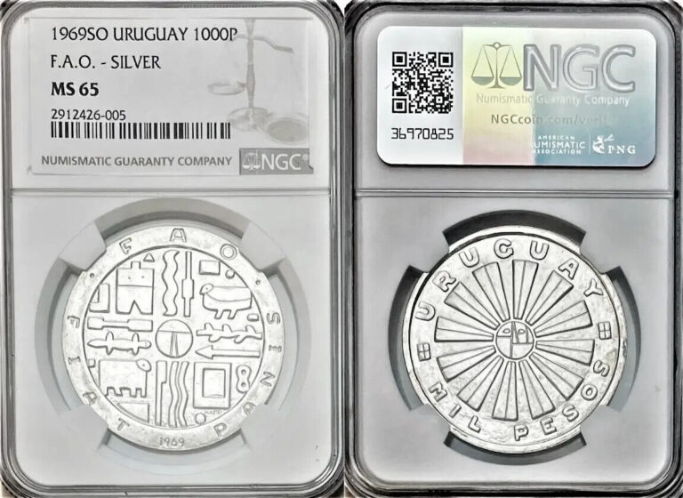 Read more about the article 1969-So Uruguay 1000 Pesos FAO .900 Silver NGC MS 65 KM# 55