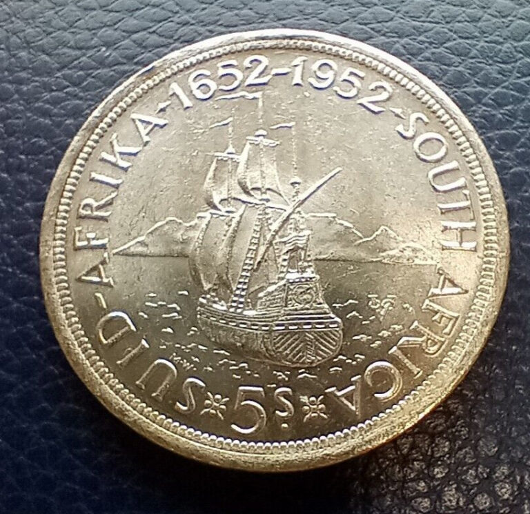 Read more about the article 1952 South Africa 5 Shillings – Silver Crown Size Coin – Nice Condition –