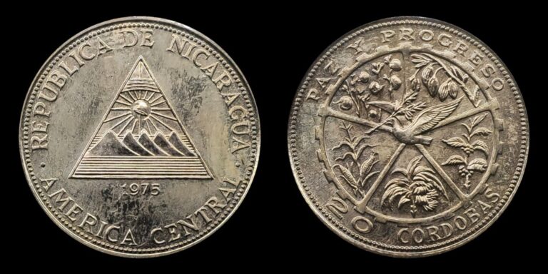 Read more about the article 1975 Nicaragua 20 Cordobas  .925 Silver  Bird at center of cog wheel  2 491 Made