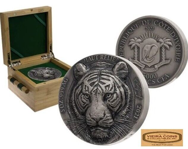 Read more about the article 2021 Ivory Coast 5 000 Francs  Big Five Tiger Antiqued  5 oz Silver -#C35778