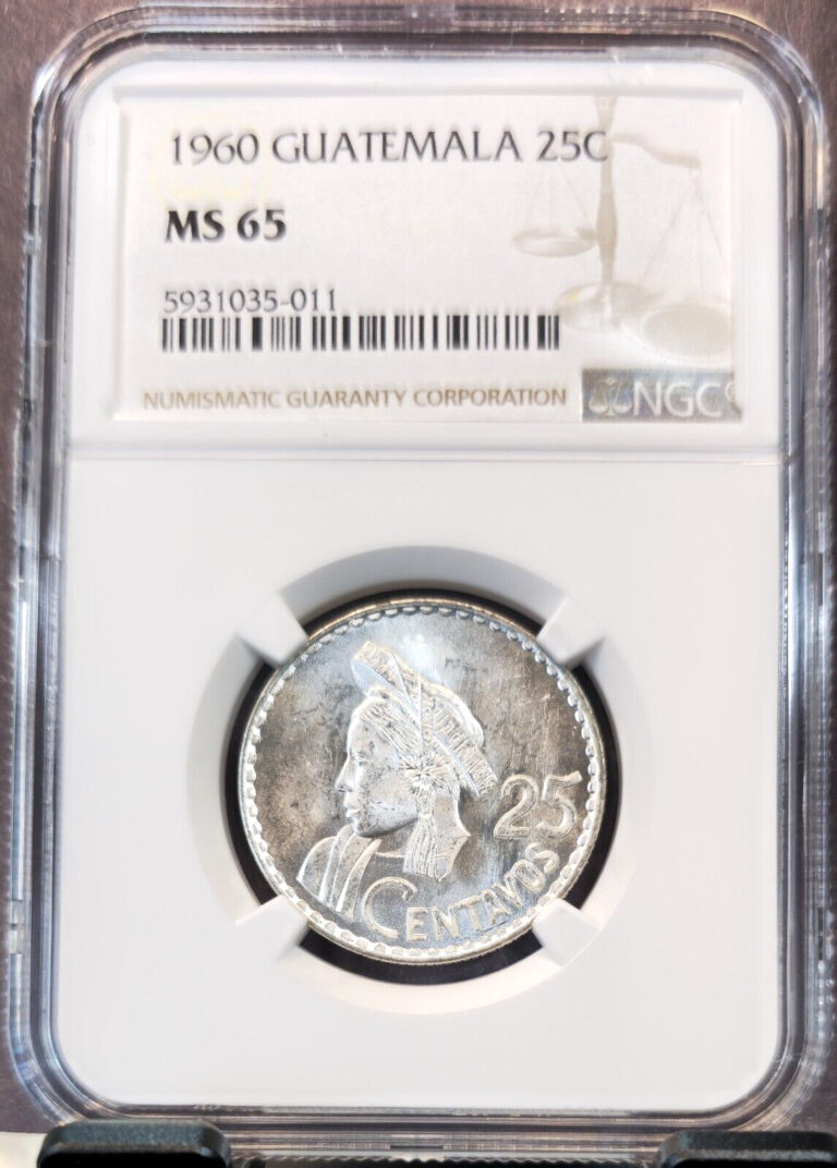 Read more about the article 1960 GUATEMALA SILVER 25 CENTAVOS NATIVE HEAD NGC MS 65 SCARCE GEM BU