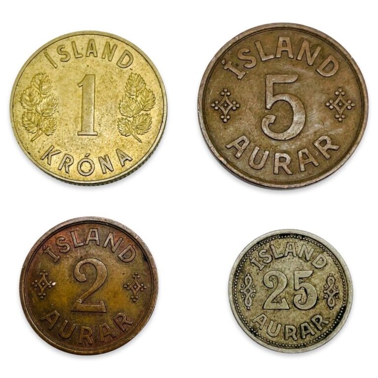 Read more about the article Lot of 4 Different Old Iceland Aurar and 1 Krona Coins – 1940s Dates #MER9189S