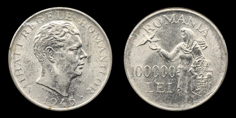 Read more about the article 1946 Romania 100000 Lei Coin  .700 Silver  King Mihal  I  woman releasing a bird