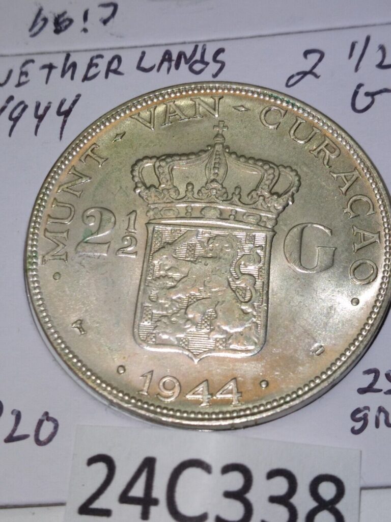 Read more about the article 1944 Netherlands 2 1/2 Gulden .720 Silver coin  Wilhelmina  24C338 BB2