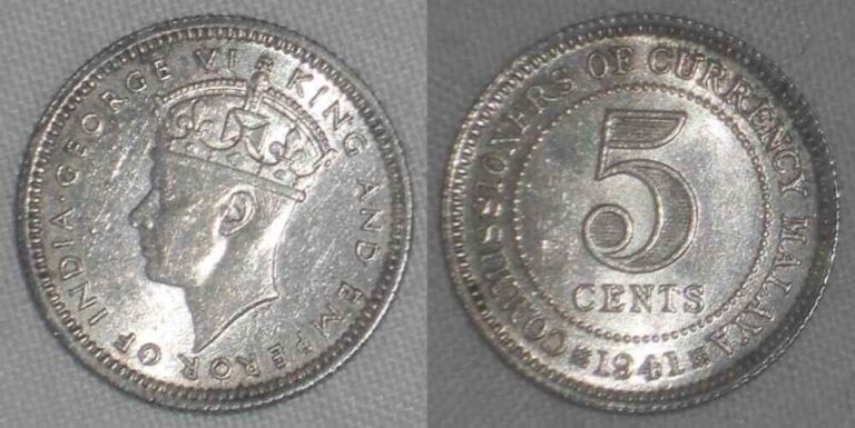 Read more about the article Beautiful 1941 Malaya Five Cents Silver Coin Crowned King George VI Left KM #3