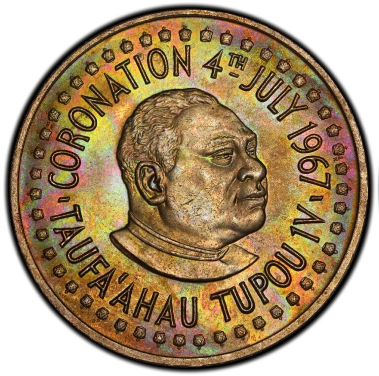 Read more about the article MS66 1967 Tonga Pa’anga Toupou sCoronation  PCGS Trueview- Rainbow Toned Top Pop